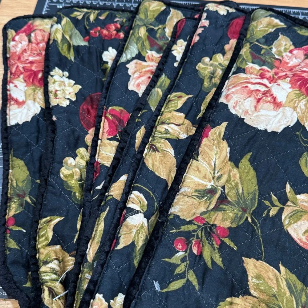 Vintage Quilted Reversible Placemats Set of 6 Floral Fruit Gingham Farmhouse